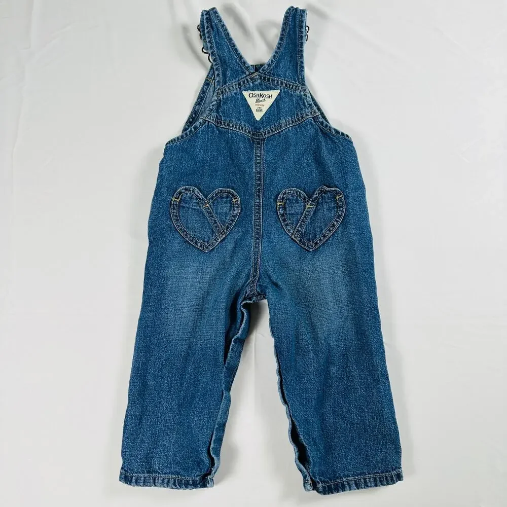 OshKosh B'gosh Embroidered Heart Embellished Denim Overalls Sz 18 mo